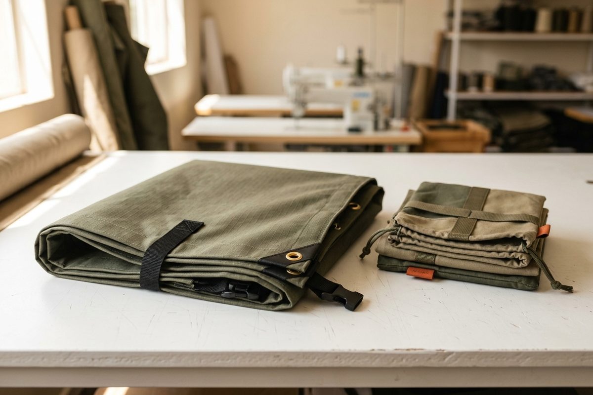 A folded custom ripstop canvas cover with brass eyelets and webbing straps, next to a stack of canvas bags