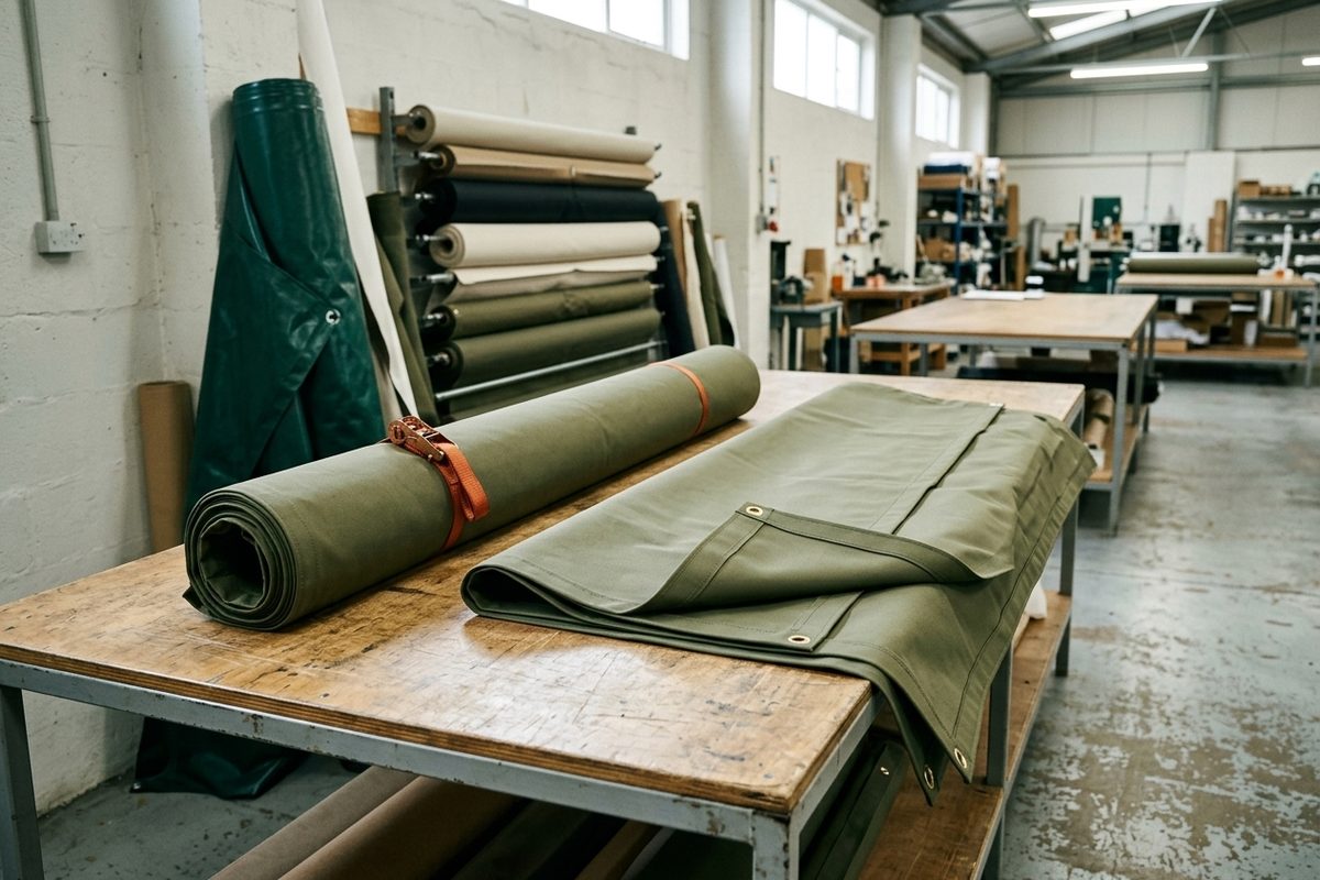 A strapped roll and a folded canvas cover with eyelets on the factory counter, ready for an installer to collect